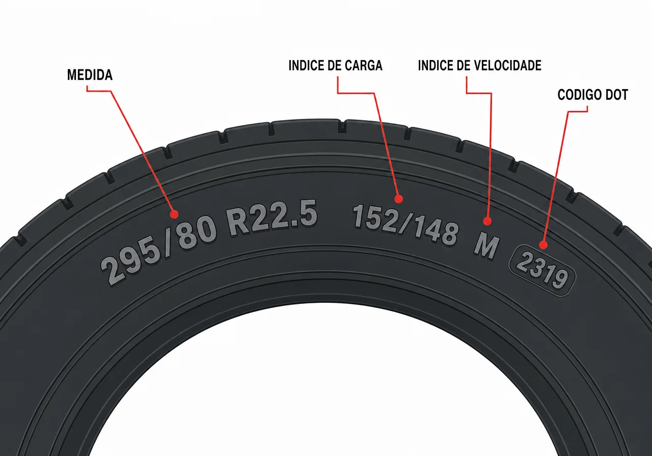 Lateral de pneu de caminhão com chamadas indicando a medida 295/80 R22.5, o índice de carga 152/148, o índice de velocidade M e o código DOT 2319.